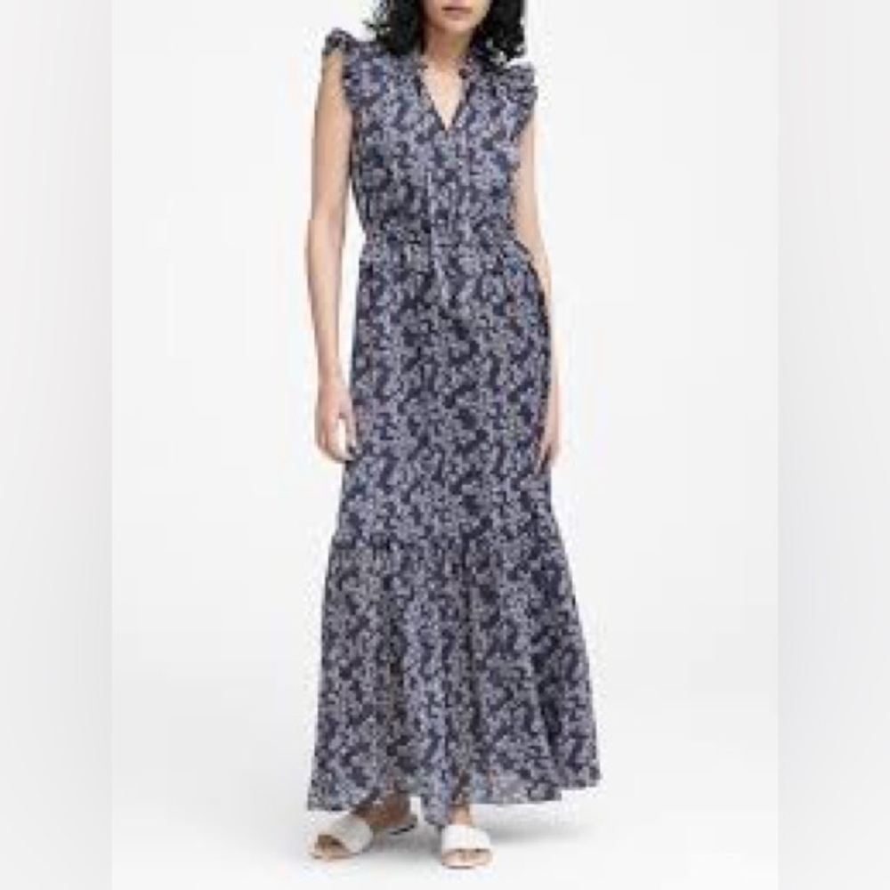 Banana Republic PETITE FLORAL MAXI DRESS Size 0 Navy Blue White NWOT